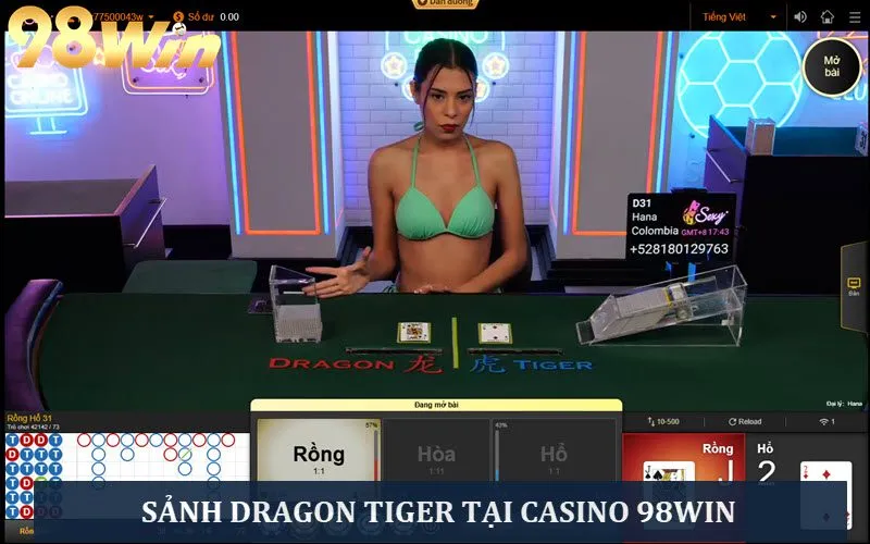 Giao diện 1 ván chơi Dragon Tiger tại 98win